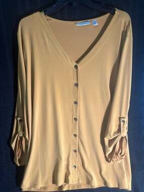 Susan Graver Liquid Knit V-Neck Button-Front Top with Roll-Tab Sleeves
